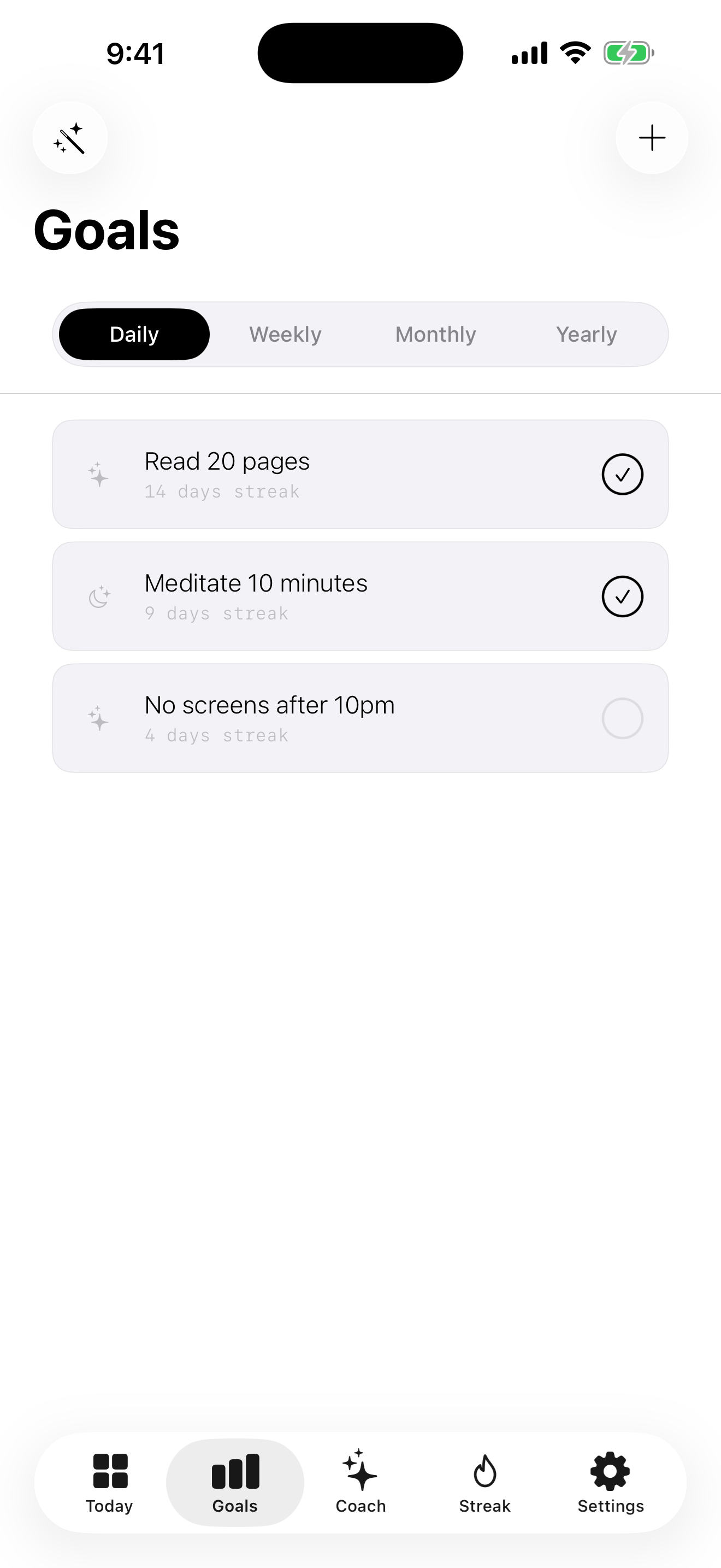 Zenin Goals screen