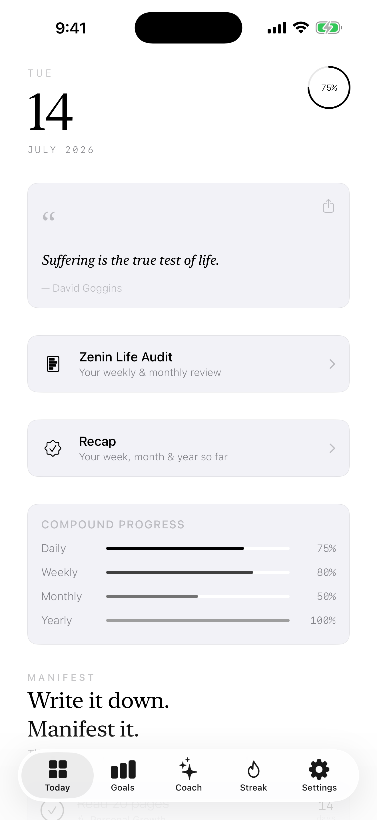 Zenin Today screen